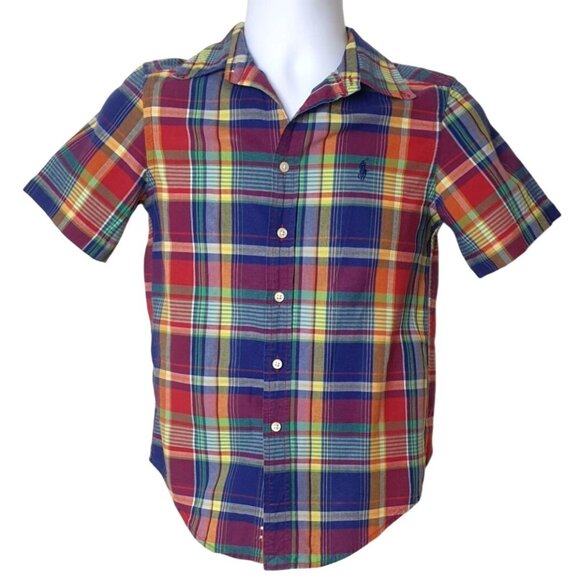 Ralph Lauren Boys Short Sleeve Plaid Button-Up Shirt M 10/12 Multicolor Cotton - Picture 1 of 5